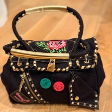 Betsey Johnson Betseybille canvas Black shoulder Satchel with Floral Embroidery