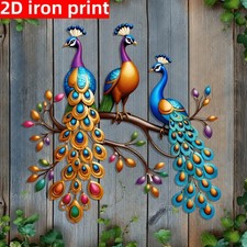 THREE COLOURFUL PEACOCKS ON A BRANCH 2D METAL WALL ART GARDEN FENCE DECORATION
