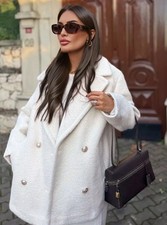 Zara Boucle Double Breasted Textured Coat Ecru White Cream Size M 3046/296