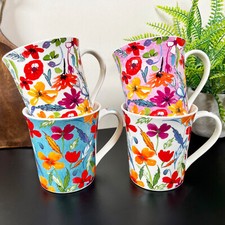 Full Floral Bloom 380ml Mugs Set Of 4 Bone China Colourful Flowers Coffee Cups