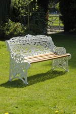Ornate Cream Cast Aluminium & Wood Three-Seater Garden Bench