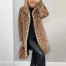 Women’s Fall Winter Leopard Print Plush Mid-Length Coat Warm Outerwear