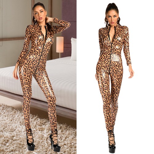 Leopard print pvc catsuit wet - print,