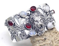 925 Sterling Silver Moonstone & Garnet Gemstone Jewellery Cuff Bracelet Size-ADJ