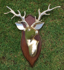 Vintage LARGE Brass Stag Deer Head Trophy Wall Hanging Art  Wooden Plinth Shield