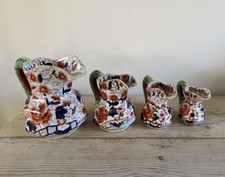 4 Vintage Masons Ironstone Imari China Jugs Graduating Size Snake Serpent Handle