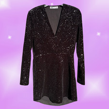Zara Black Sequinned Velvet V-Neck Mini Dress One Side Fastener Missing Size M