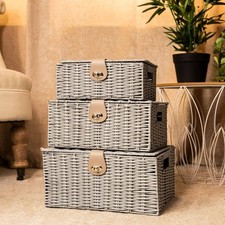 Large Wicker Storage Basket 3pc Set Grey Laundry Hamper Stackable Lid Lock Home