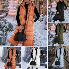 WOMENS LADIES LONG LINE HOODED PUFFER GILET BODY WARMER JACKET PADDED VEST TOP