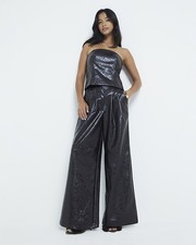 River Island Womens Wide Leg Trousers Petite Brown Faux Leather Pants Bottoms