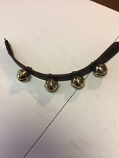 Vintage 4 Brass Sleigh Bells on Approx. 16” Leather Strap, Graduating Crotals