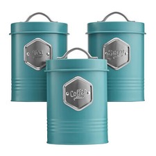 Tea Coffee & Sugar Canisters Bin Jar Storage 3pc Teal/Silver Cooks Professional