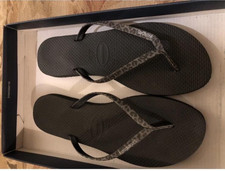 Havaianas Slim Flip Flops Women’s Black Grey Leopard Straps UK 5 EU 38 Brazil