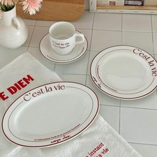 Red Letters Flat Ceramic Dinner / Fish Plate Coffee Cup Dining Kitchen Ware NEW
