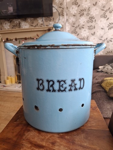 Vintage blue enamel bread bin - blue,