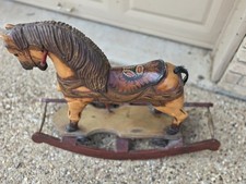 Vintage Antique Hand Carved Wooden Toy Rocking Horse 26” Cast Iron Wheels Brown