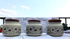 Hornsea Cornrose Tea, Coffee, Sugar Containers, With Wooden Lids.