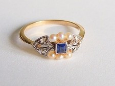 Beautiful Edwardian sapphire, diamond & pearl ring  Size N 1/2  2.4 grams