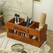 Desk Tidy Pencil Pen Pot Holder Stationery Organiser Wooden Storage Box Office