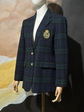 Vintage 90s Ralph Lauren Blackwatch Tartan Plaid Bullion Crest Wool Blazer Sz 6P