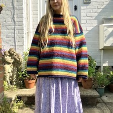 Vintage Pachamama Jumper XL Wool Handknit Handmade Stripy
