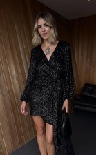 New Never Fully Dressed Vienna Black Sequin V-Neck Mini Wrap Dress £149 6-24