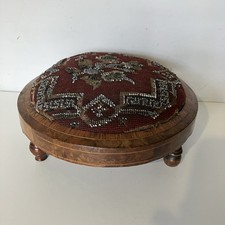 Antique Victorian Mahogany Beaded Embroidered Low Foot stool  Floral Needlework