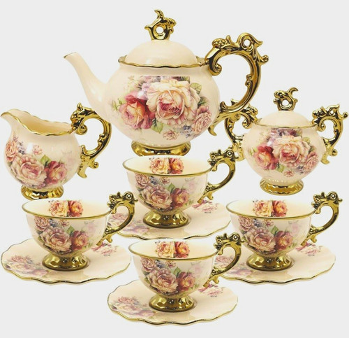 Cream floral porcelain tea set - floral,