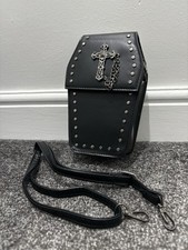 Gothic Crossbody Coffin Purse - Faux Leather Studded Bag & Strap Black