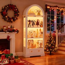 Arched Display Cabinet with Glass Doors, Curio Cabinet with 3 Color LED Lights
