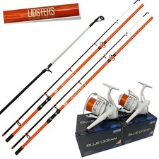 2 x LFS Beachcaster Sea Fishing Rods 12ft 2pc + LFS Blue Ocean 70 Reels Orange