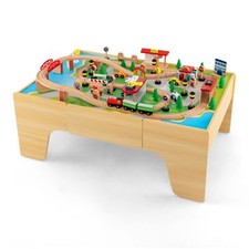 84 PCS Kids Wooden Train Track Railway Playset Activity Table W/ Storage Drawer