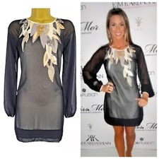 TED BAKER BLACK LEAF PRINT LONG SLEEVE SEQUIN TUNIC EVENING DRESS, CRUISE, UK8