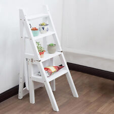 4 Steps Foldable Ladder Chair Solid Wood Folding Library Step Stool Dual Purpose