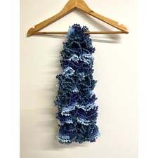 Handmade Knitted Ruffle Scarf Blue Mix Pom Pom Bobble Yarn | Lightweight Winter