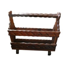 Vintage Hand Carved Wooden Magazine Rack – Rustic Pine, Scandi Folk Style