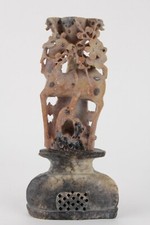 Antique Chinese soapstone carving of a deer eating prunus 19th C candle holder