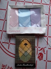 5 Vintage Lady's Handkerchiefs Boxed. Pink Blue Lilic Yellow Green Cotton