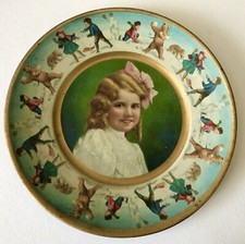 Antique Tin Litho Plate Winter Christmas Girl Advertising Union Pacific Tea Co