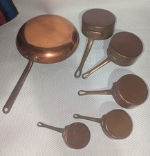Vintage  set of 6 copper mini pans with brass handles, mini saucepans