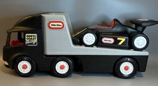 Vintage Little Tikes Racing Black Hauler Truck Trailer Indy Race Car Semi Toy