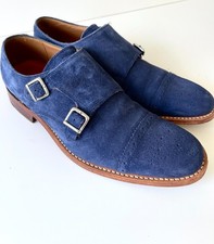 Blue Double Monk GRENSON Size 6.5F Shoes Leather Suede Buckle Brogue