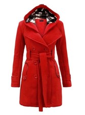 Women's Check Hooded Belted Winter Duffle Coat Long Buttoned Fleece Jacket