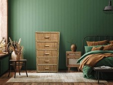 Vintage Bamboo Rattan Five-drawer tall boy dresser slim chest of drawers