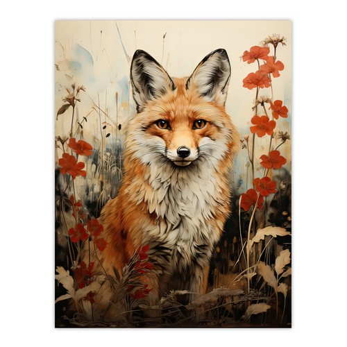 Red fox with wildflowers - red,