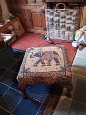 Vintage Wooden Footstool Tapestry Elephant Queen Anne Legs Bohemian Cottage