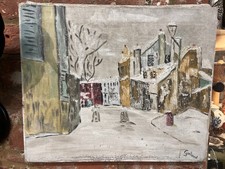 Antique Naive Snow Scene Oil On Canvas Painting Art