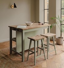Breakfast Bar with Acacia Wood Top Storage Shelves Kitchen Island Sage Green
