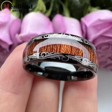 Pair of 8mm UK sz M Brown Koa Wood Inlay Dome Wedding Band Unisex Ring