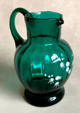 Antique c1790s Georgian Green Glass Cream Jug White Enamel Flowers